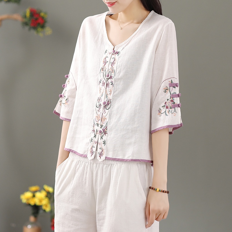 Áo Sơ Mi Tay Lửng Cổ Chữ v Phong Cách Dân Tộc Cổ Điển Thời Trang Cho Nữ