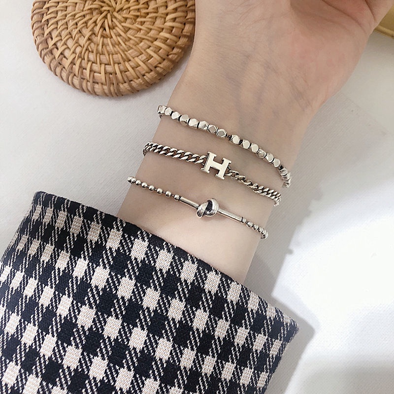 Vòng Đeo Tay Dạng Chuỗi Hạt Chữ H Bằng Bạc S925 Phong Cách Hàn Quốc Cổ Điển
