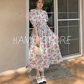 Váy hoa nhí vintage dáng dài maxi xòe qua gối HSG082, đầm dáng xòe cổ tròn tay bồng chun eo dễ mặc