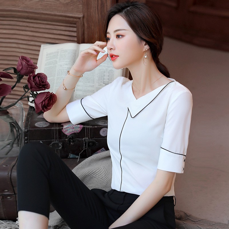 Áo Sơ Mi Nữ Ngắn Tay Màu Trắng  Kiểu Cổ Đáp Viền Đen SM176 - Hàng VNXK - Candy Fashion