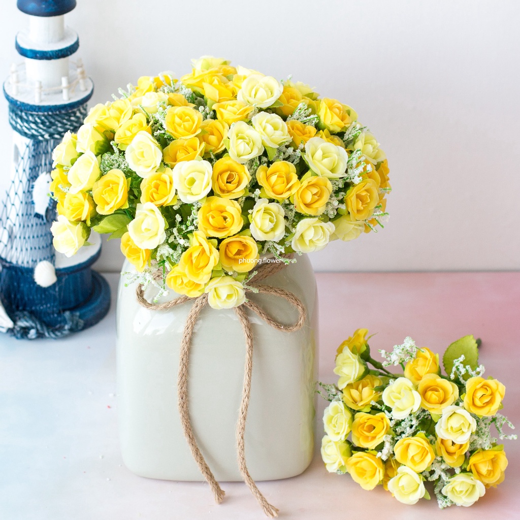 Cụm Hoa Hồng lụa giả 21 bông hoa nhỏ nhân tạo cao 23cm trang trí tiệc cưới decor nhà cửa bàn làm việc văn phòng