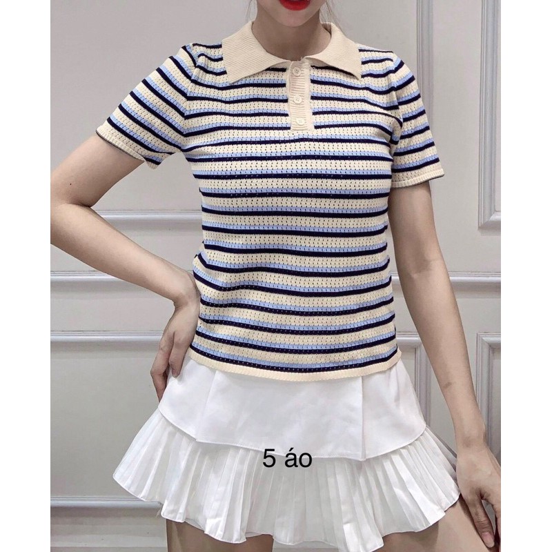 áo len mỏng cộc tay kẻ sọc ngang cổ bẻ khuy polo - len thông hơi