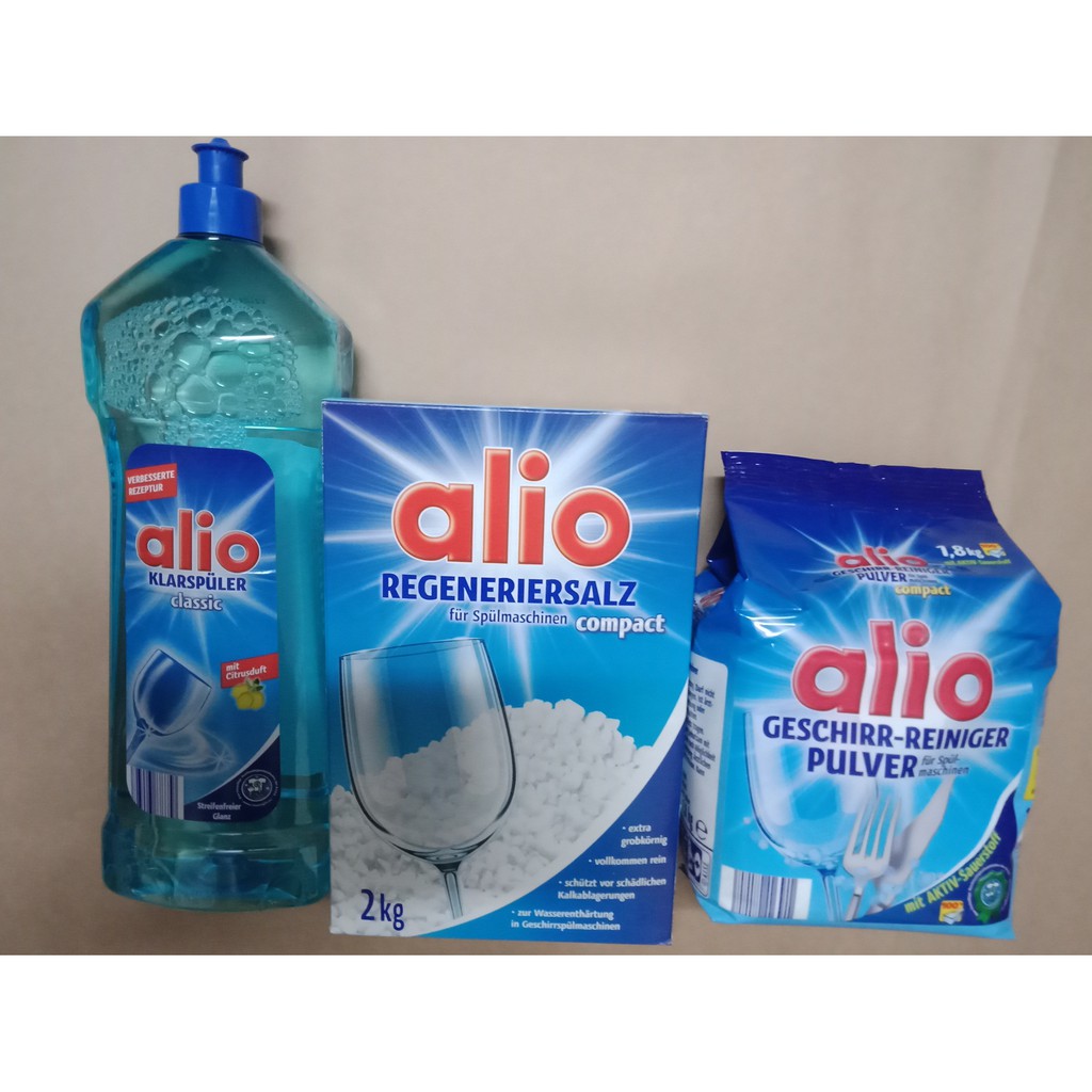 Bộ 3 sản phẩm bột alio 1,8 kg Muối rửa bát Alio 2 kg và nước làm bóng Alio 1000ml