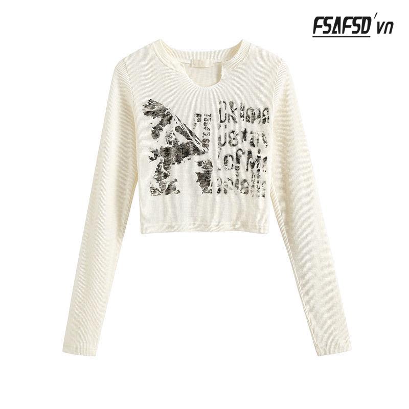 Áo Thun Nữ Dài Tay Cổ Chữ v In Chữ