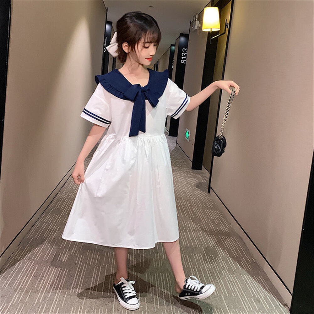 Đầm công chúa dáng rộng vải cotton màu trắng phong cách Hàn Quốc cho bé gái 3-13 tuổi