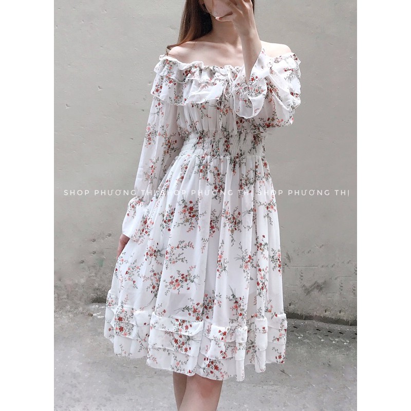 Đầm hoa nhí trễ vai hai màu (hình shop tự chụp/sẵn) | BigBuy360 - bigbuy360.vn