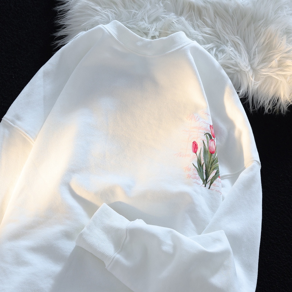 Áo sweatshirt ZHELIHANGFEI tay dài in họa tiết hoa tulip phong cách đi học dễ phối đồ ngọt ngào dành cho nữ