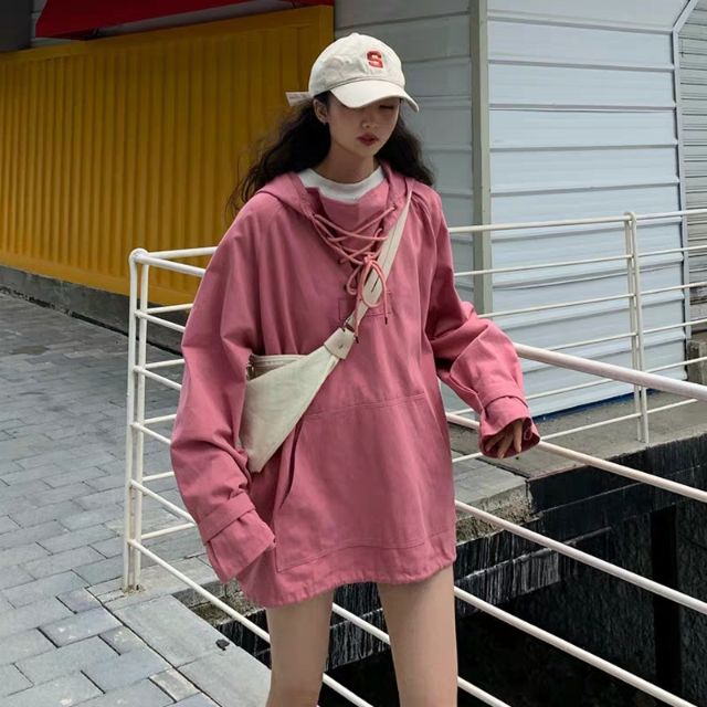 Áo hoodie kaki đan dây cổ dáng rộng oversize Ulzzang siêu xinh 😍