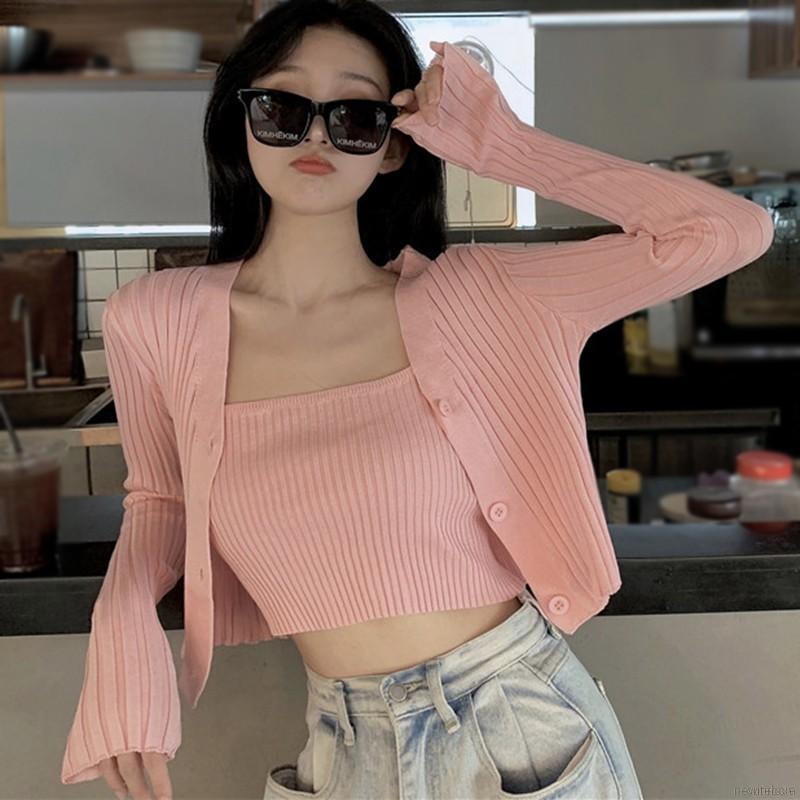 Set áo hai dây kèm áo cardigan vải dệt màu trơn thiết kế thời trang cho nữ | BigBuy360 - bigbuy360.vn