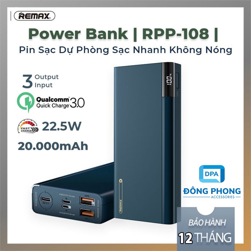 [Mã 159ELSALE hoàn 7% đơn 300K] Pin Sạc Dự Phòng Remax RPP-108 20000mAh Chính Hãng