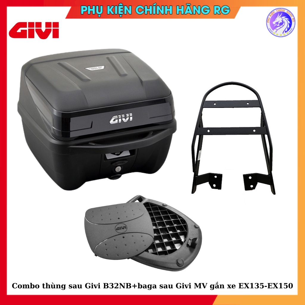 Combo thùng đựng đồ Givi B32NB và baga sau Givi MV gắn xe Exciter135 - Exciter150 chính hãng bảo hành 2 năm