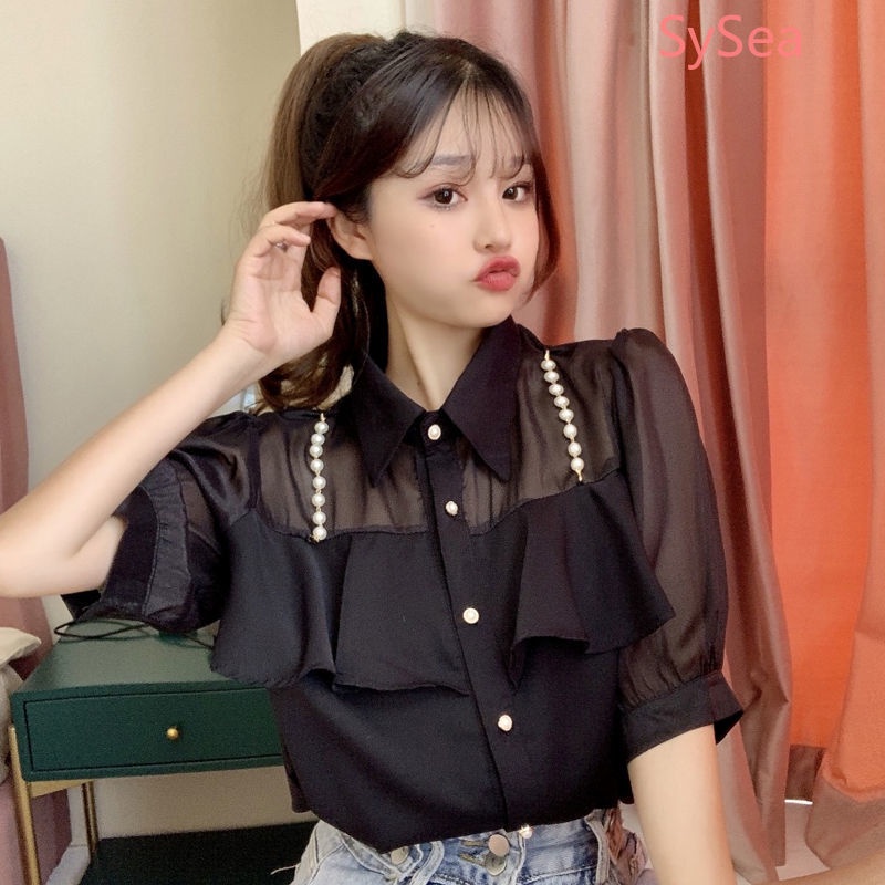 Áo sơ mi nữ tay ngắn đính ngọc trai giả phong cách Pháp thời trang mùa hè