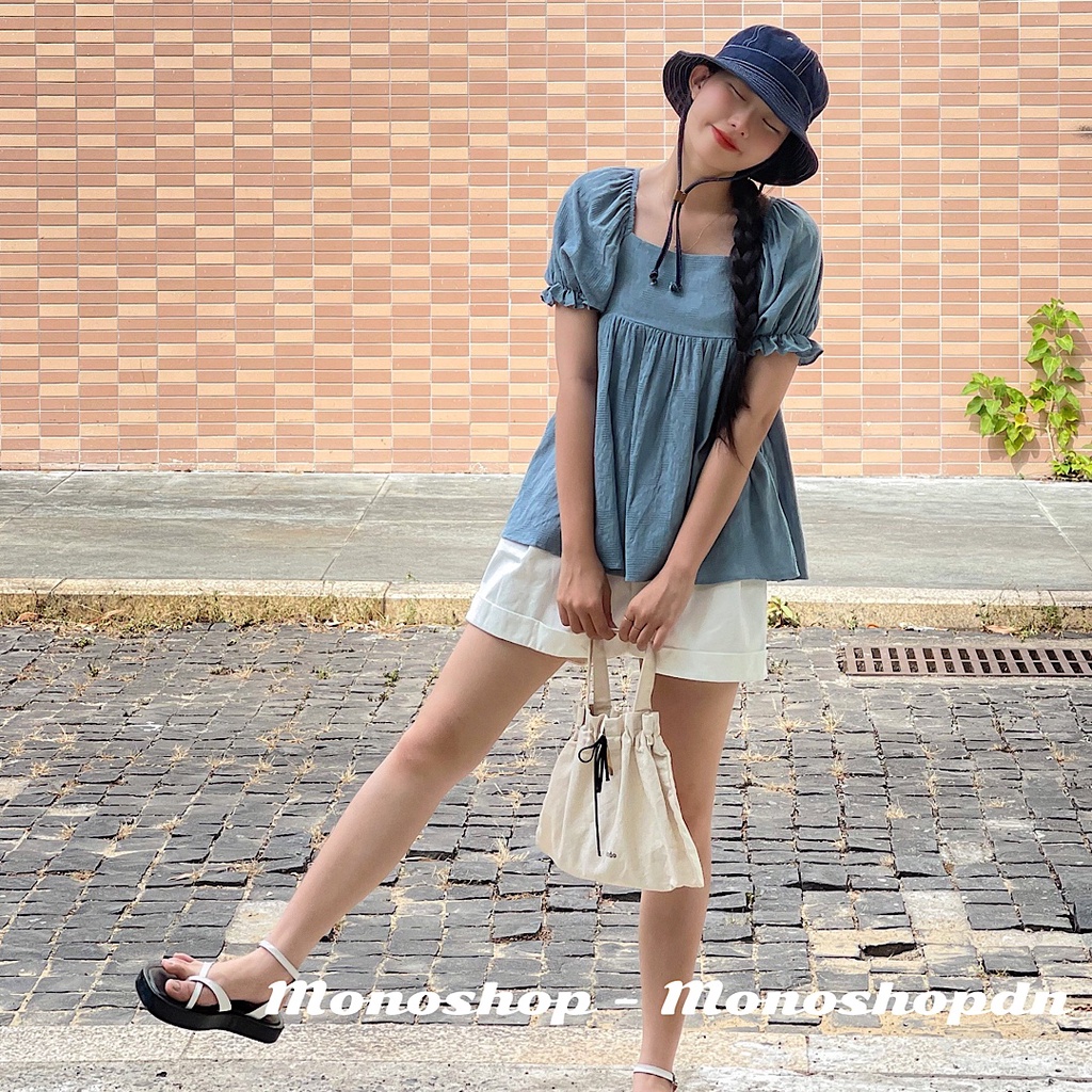 Áo babydoll bo chun tay phồng cột nơ sau hở lưng Ảnh thật/ sẵn