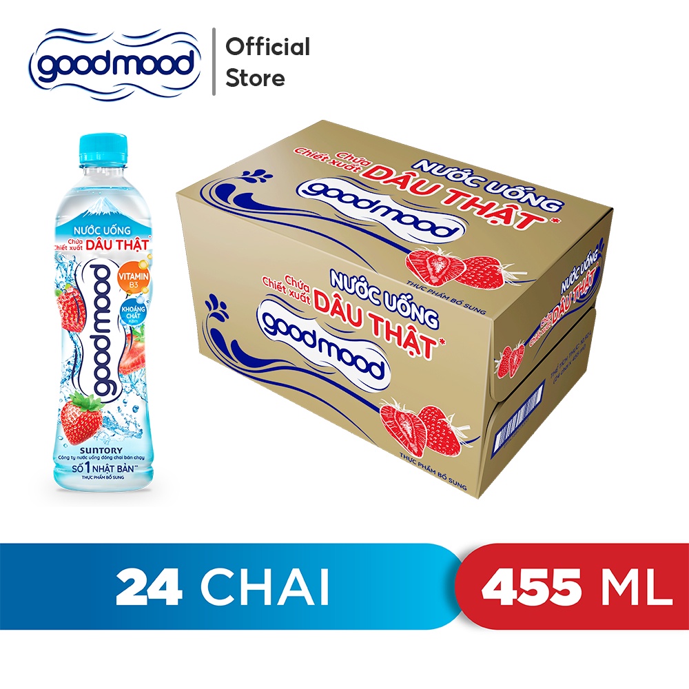 Thùng 24 Chai Nước Uống Chứa Chiết Xuất Dâu Thật Good Mood (455ml/Chai)