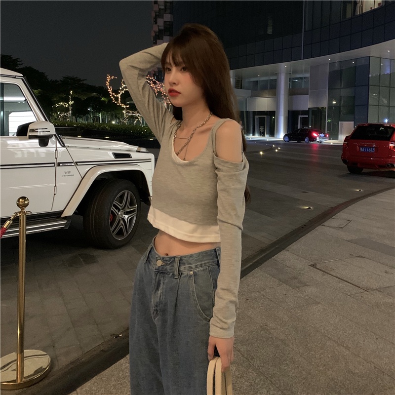 【ZHELIHANGFEI】Áo Thun Tay Dài Giả Hai Lớp Dáng Ôm Hở Eo Phong Cách Quyến Rũ