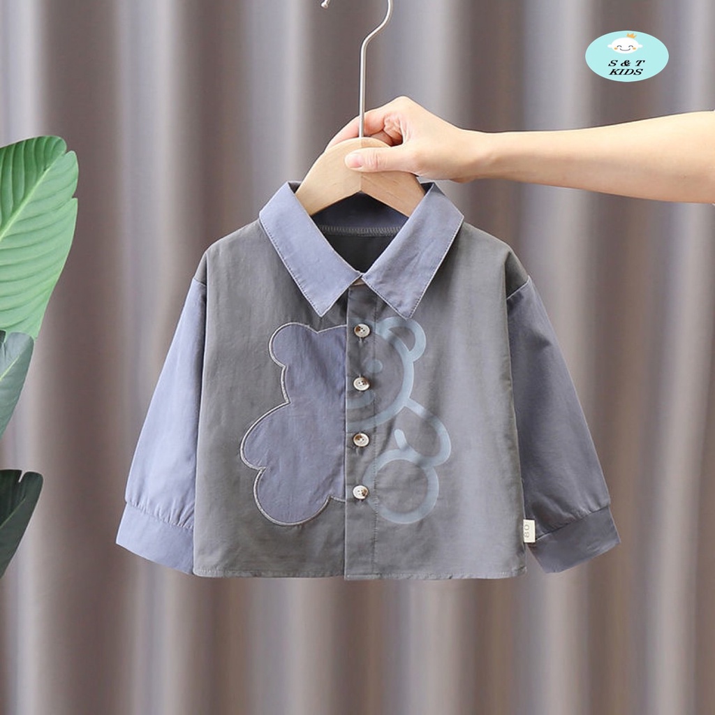AT12 - Áo sơ mi bé trai, áo sơ mi đũi dài tay in gấu cho bé trai từ 8-20kg