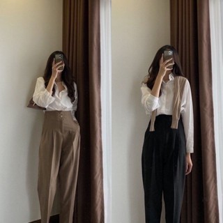 Quần Baggy Vải Nữ Quần Baggy Công Sở Cạp Liền 2 Cúc Cạp Xếp Ly Vải Kaki Hàn Cao Cấp