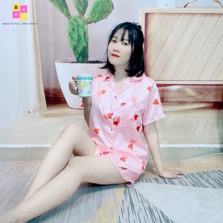 Bộ pijama cộc tay chất lụa satin loại 1, đồ bộ nữ họa tiết hình trái tim BAS016
