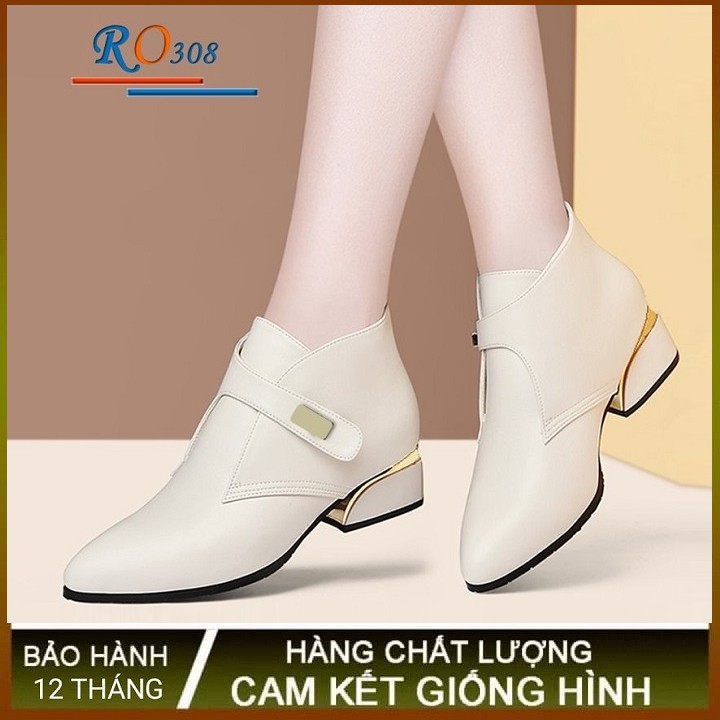 Giày boots nữ cổ thấp 4p hai màu đen kem hàng hiệu rosata ro308