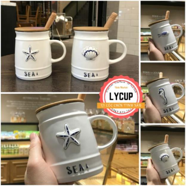 Cốc gốm sứ pha trà cà phê có nắp hoa văn đẹp kèm thìa loại 330ml