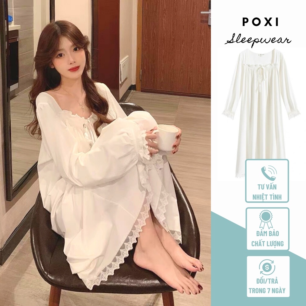 Váy ngủ trắng kèm ren style ulzang chất thun cotton mát lạnh