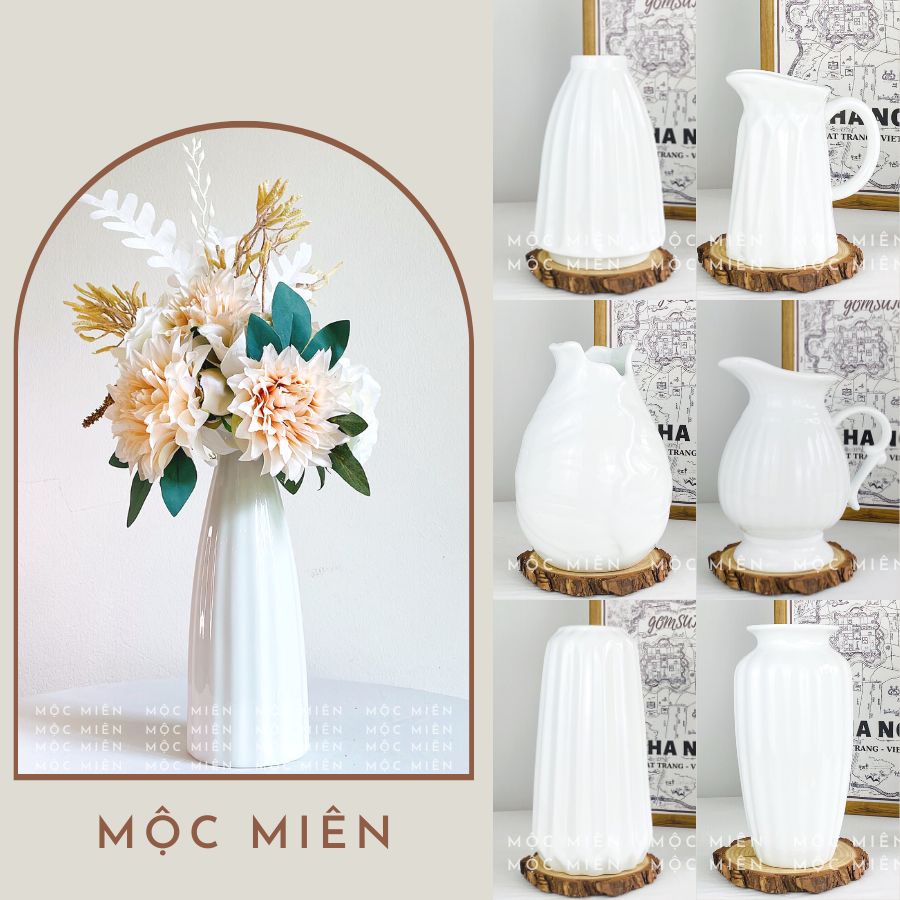 Bình hoa gốm sứ men Trắng cao cấp lọ hoa decor trang trí để bàn nhiều mẫu mã, Mộc Miên, gốm sứ bát tràng