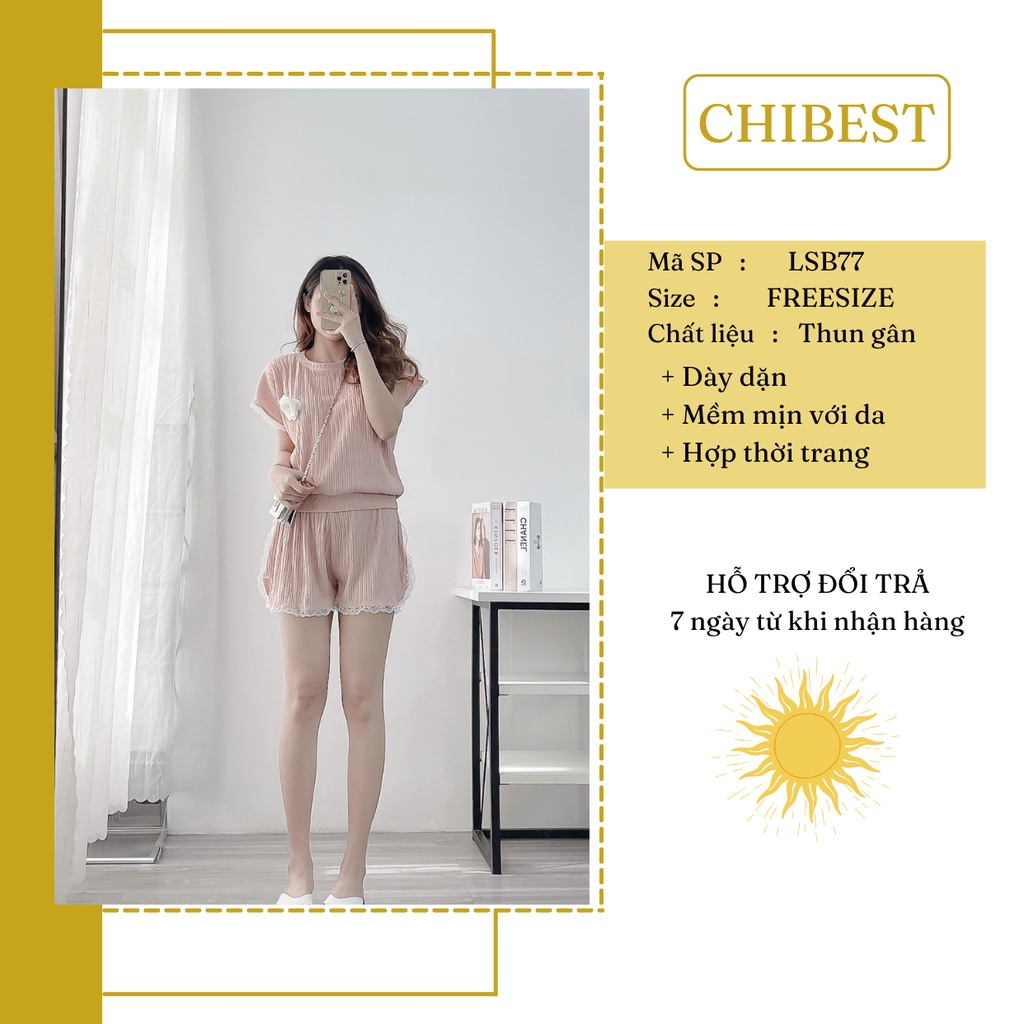 Set bộ áo viền ren trắng cổ tròn tay cánh dơi mix quần short cap chun CHIBEST LSB77