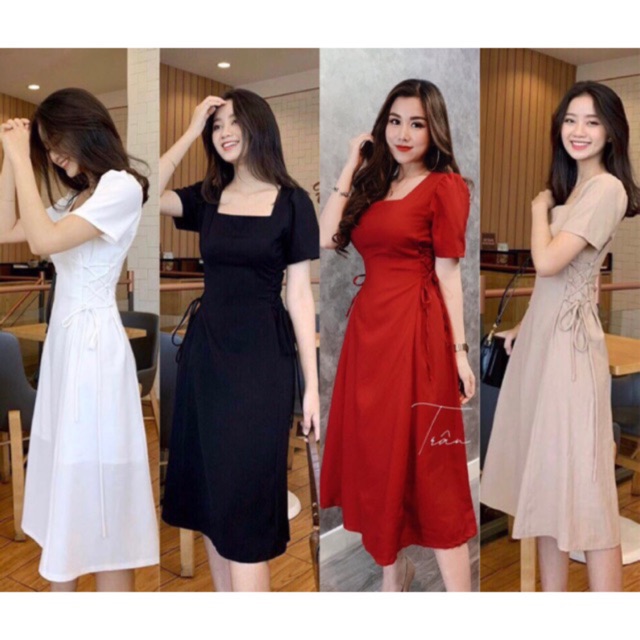 ĐẦM XOÈ ĐAN EO CỔ VUÔNG TAY NGẮN