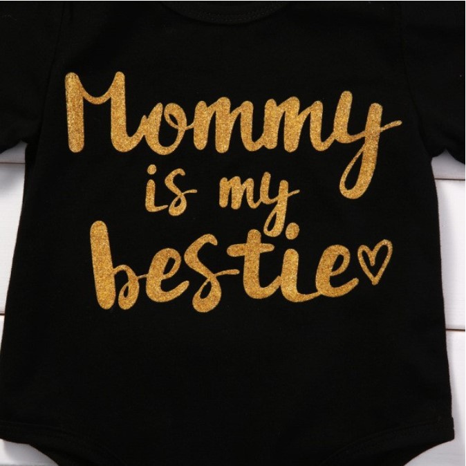 Bộ Áo Liền Quần Dài Tay Màu Đen In Chữ "Mommy Is My Bestie" + Băng Đô Cho Bé Gái Sơ Sinh