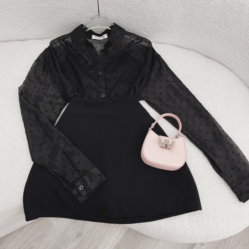 Set áo sơ mi đốm tay dài + chân váy đen