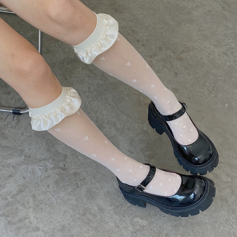 Đôi tất cổ cao vải sheer lụa satin viền nhún bèo họa tiết trái tim ngọt ngào phong cách lolita Nhật Bản cho bạn gái