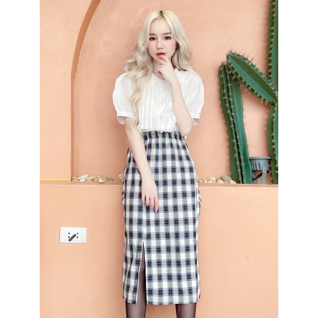 Chân váy dài xẻ tà, chân váy bút chì kẻ ô - Chân váy kẻ ô vintage | BigBuy360 - bigbuy360.vn
