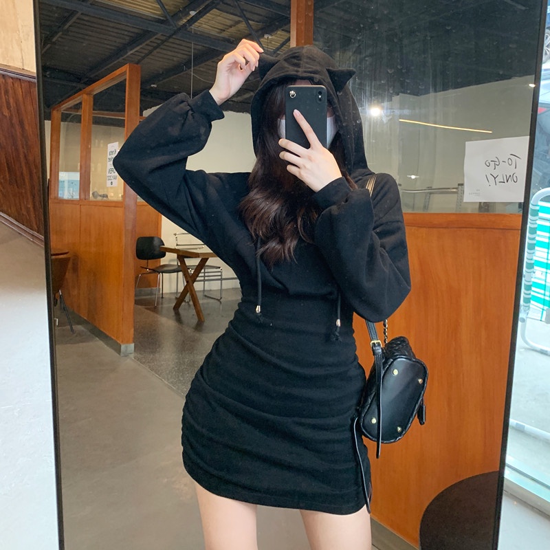 Đầm Hoodie Nhún Bèo Phong Cách Hàn Quốc Cho Nữ