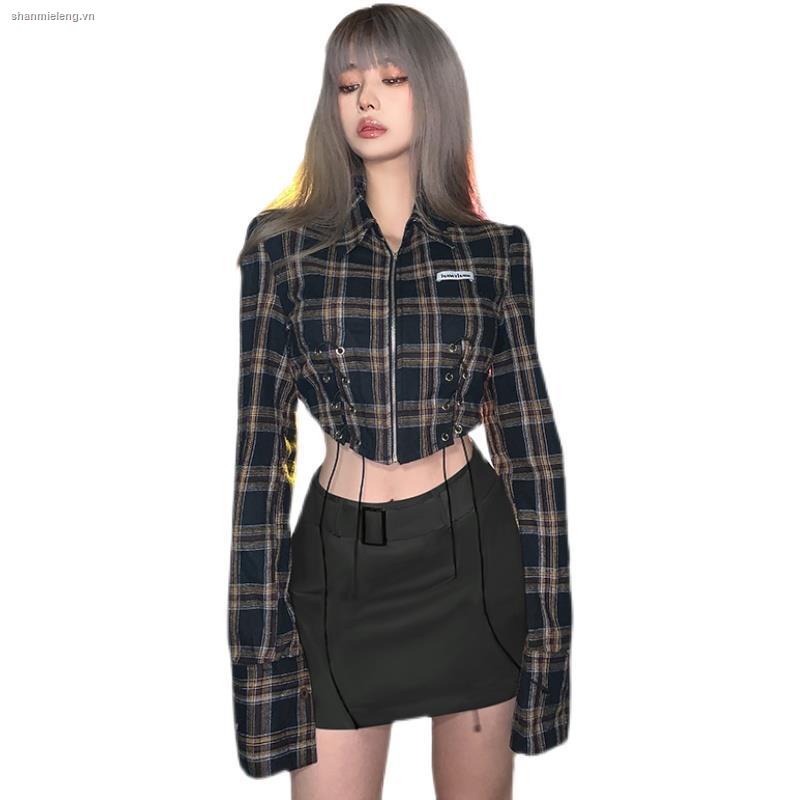 Áo sơ mi tay dài cổ POLO họa tiết sọc caro thời trang cho nữ