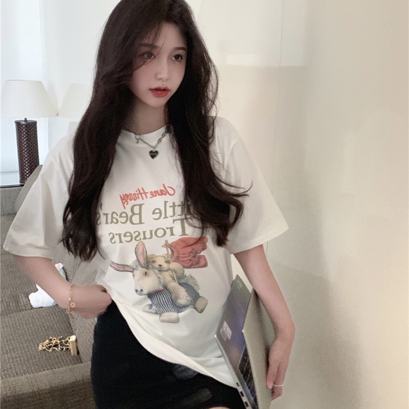 Áo Thun Tay Ngắn Cổ Tròn Dáng Rộng Vải Cotton In Hình Gấu Dễ Thương