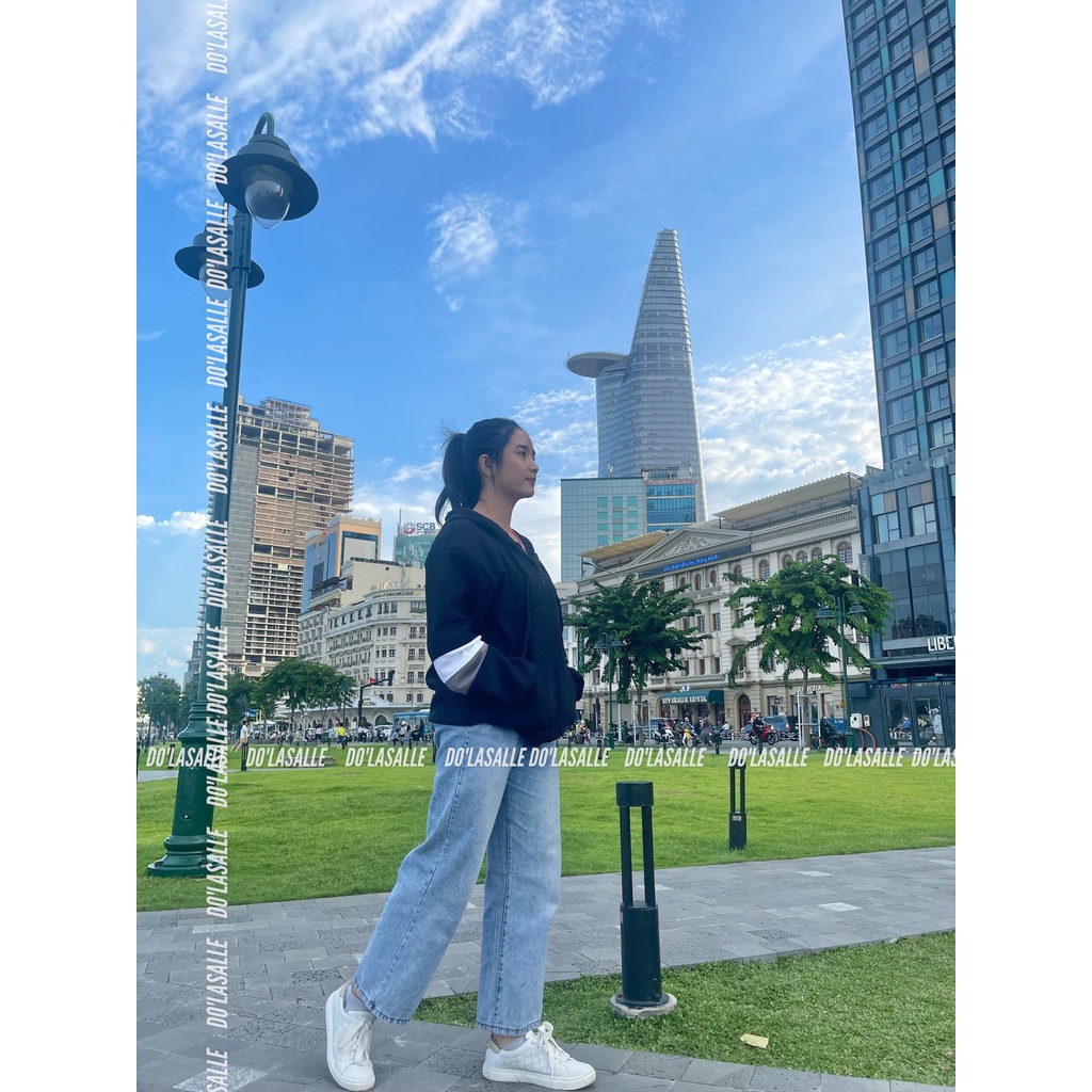 Áo khoác nỉ form rộng tay sọc  Unisex, áo khoác tay dài thời trang mùa thu cho nữ