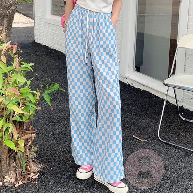 Quần Dài Ống Rộng Lưng Thun Dây Rút Họa Tiết Caro Thời Trang Cho Nữ