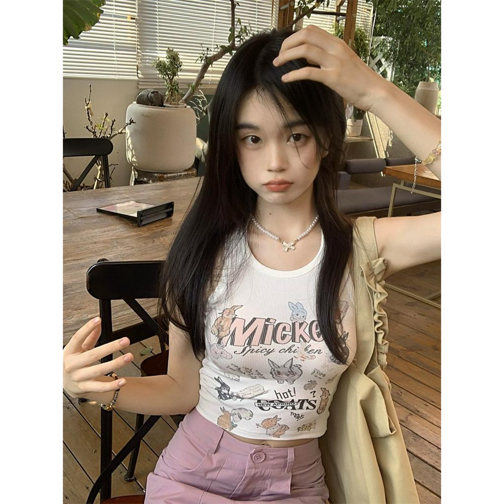 Áo Croptop Cổ Tròn Dáng Ôm In Họa Tiết Hoạt Hình Thời Trang Mùa Hè Cho Nữ