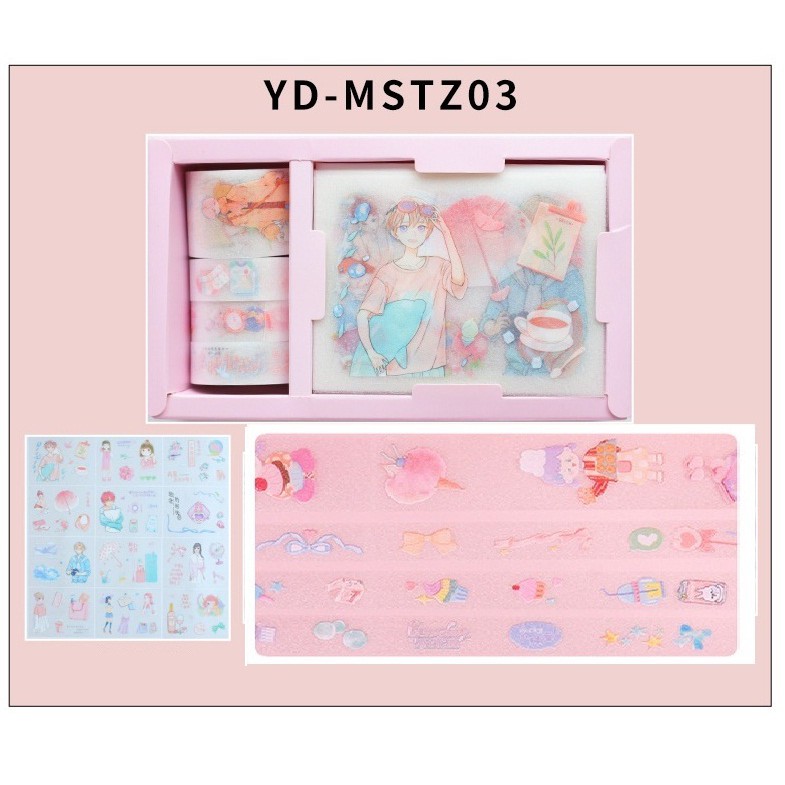 Hộp 4 Washi Tape Trong Nhũ Dài 3m Kèm 12 Tấm Sticker Trang Trí Planner, Scrapbook