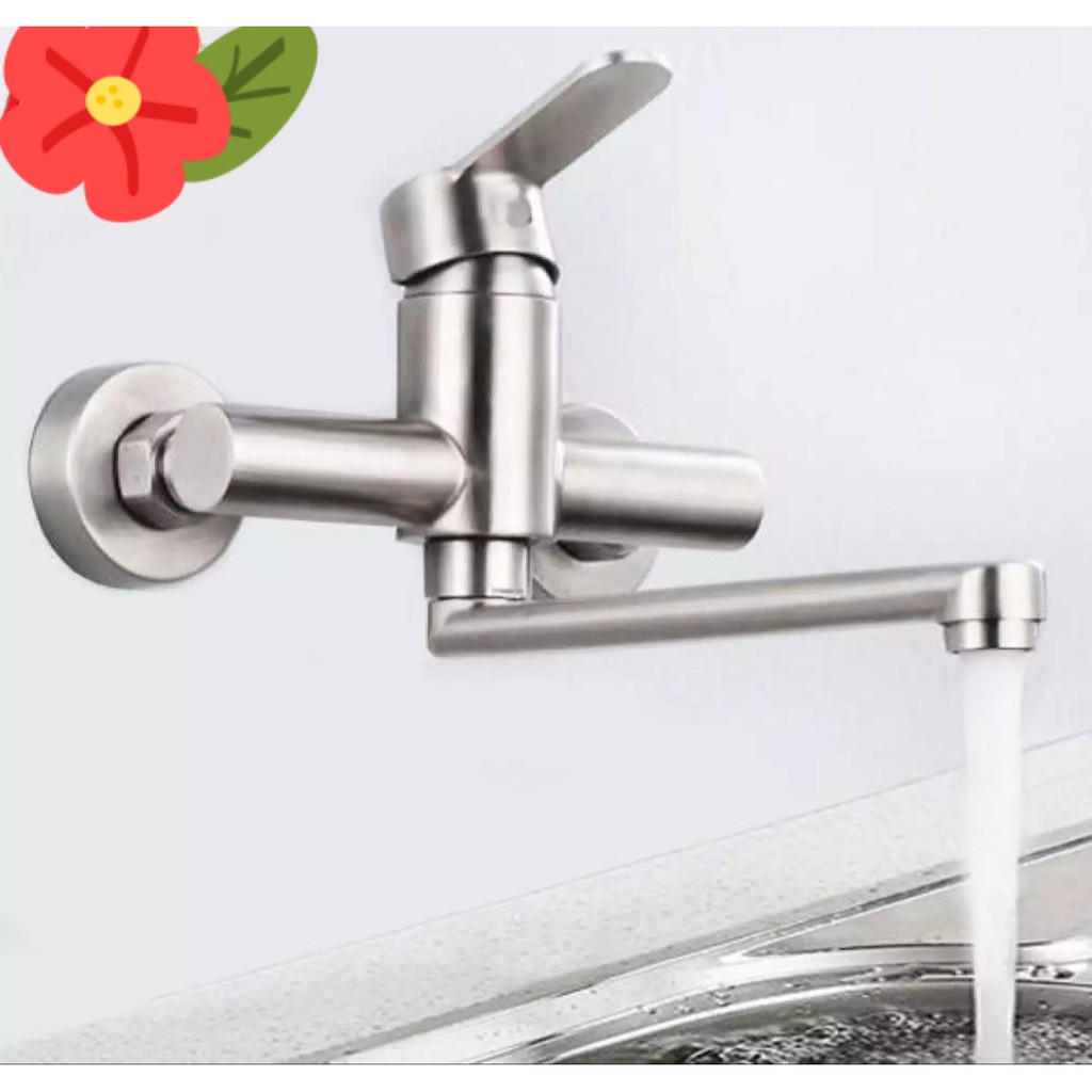 Vòi Rửa Chén Bát Nóng Lạnh Inox 304 âm tường quay 360 độ dùng cho 2 hộc