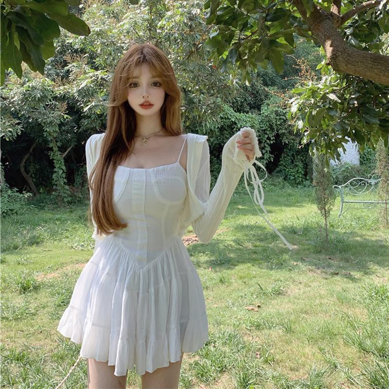 Bộ áo khoác cardigan chống nắng phối bèo + đầm hai dây thời trang mùa hè phong cách Hàn Quốc mới cho nữ 2021 (có bán lẻ)