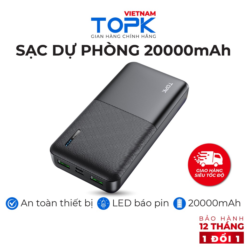 Sạc Dự Phòng TOPK I2009 20000mAh - Cổng USB Kép, Thiết Kế Nhỏ Gọn Tiện Lợi Cho Xiaomi/ Samsung/ iPhone