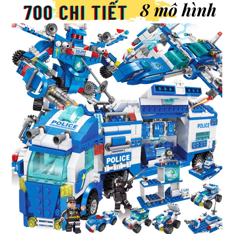 [700 chi tiết] Đồ chơi lego lắp ráp lego xe cảnh sát s.w.a.t và mô hình lắp ghép lego robot xanh dương