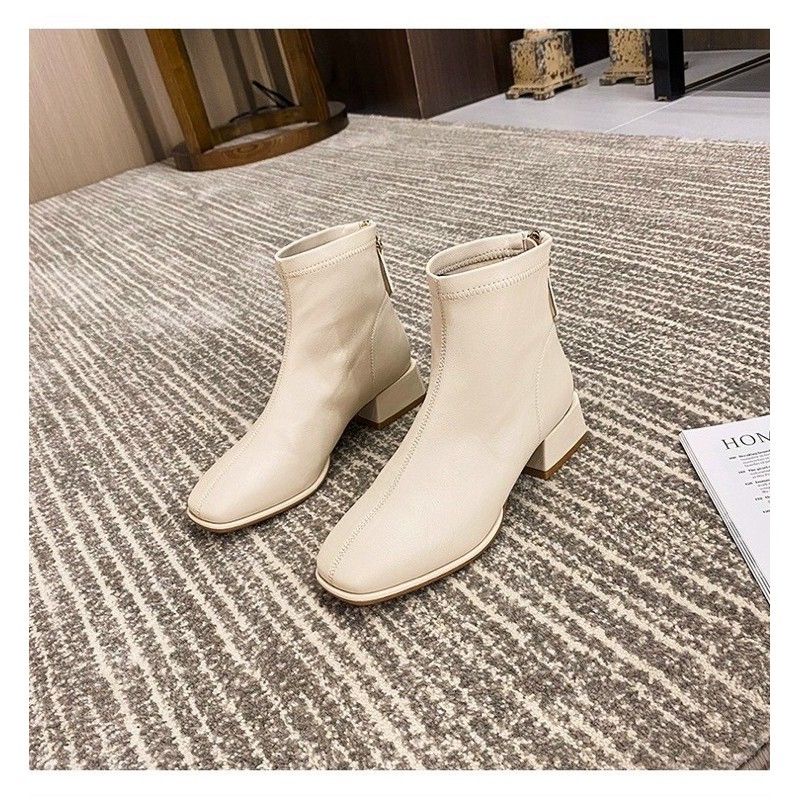 Bốt Da Nữ Có Khóa Sau Đệm Bông Trong( Màu Trắng)