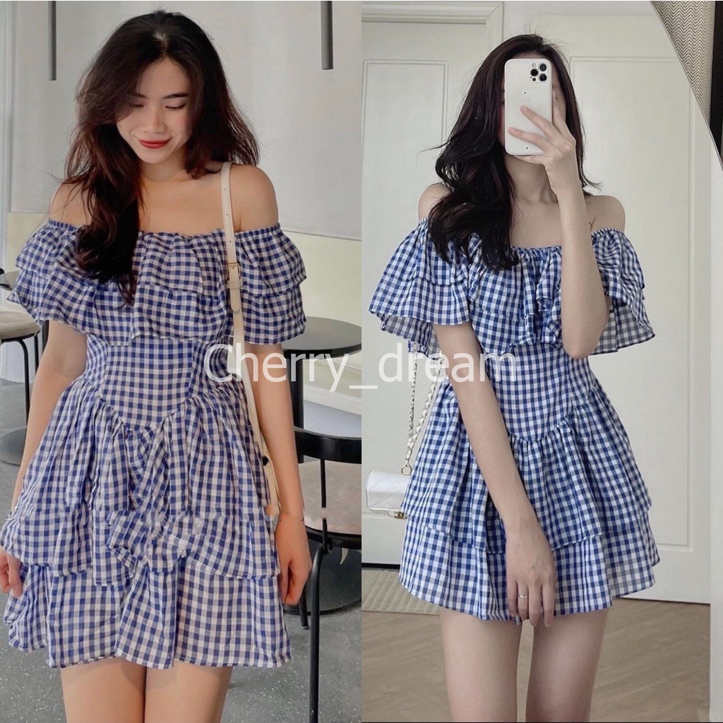 Váy trễ vai tầng kẻ xanh. đầm caro bèo trễ vai