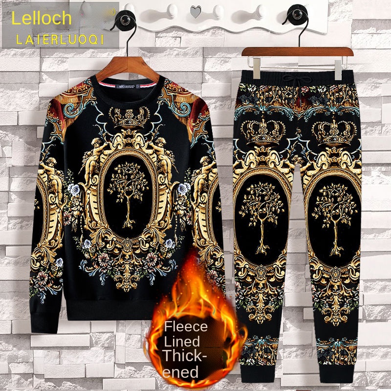 Bộ đồ hai món vải nhung dáng rộng in họa tiết thời trang thu đông cho nam và nữ