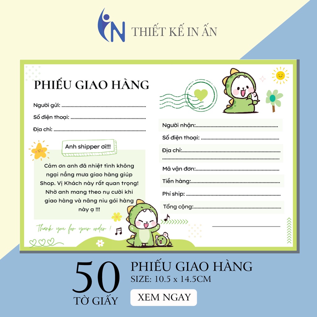 SET 50 tờ Phiếu giao hàng, giấy giao hàng, phiếu ship hàng siêu xinh nhiều màu sắc nhiều mẫu hot size 10.5 x 14.5 cm