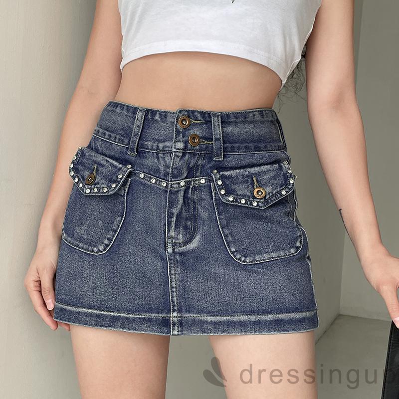 DRE-Women´s Mini Denim Skirts, Fashion Rhinestone High Waist Flap Pocket Short Jean Skirts