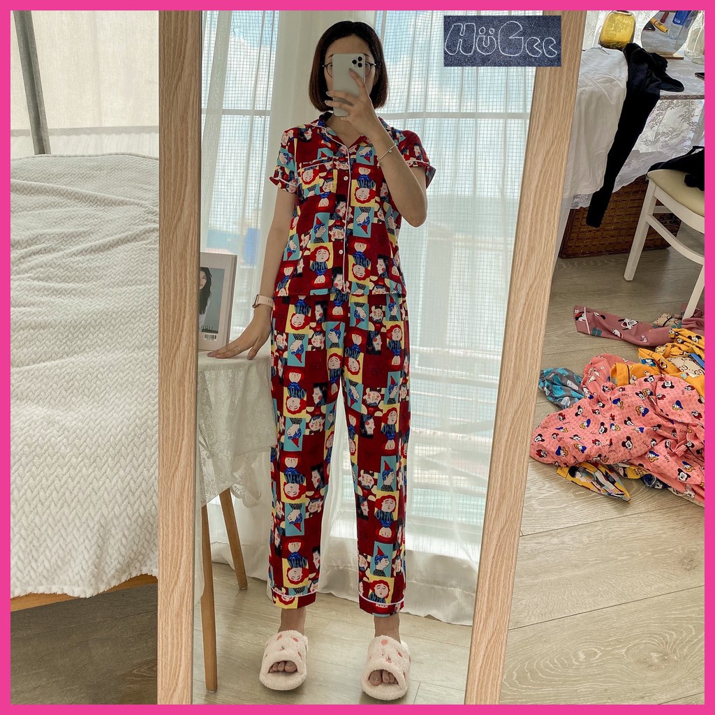 [FREESIZE] Đồ Bộ Quần Áo Ngủ Nữ Mặc Nhà Cộc Tay Pijama HUGEE Chất Vải Kate Thái Loại 1 Màu Đỏ Đô Họa Tiết Cô Gái A0311