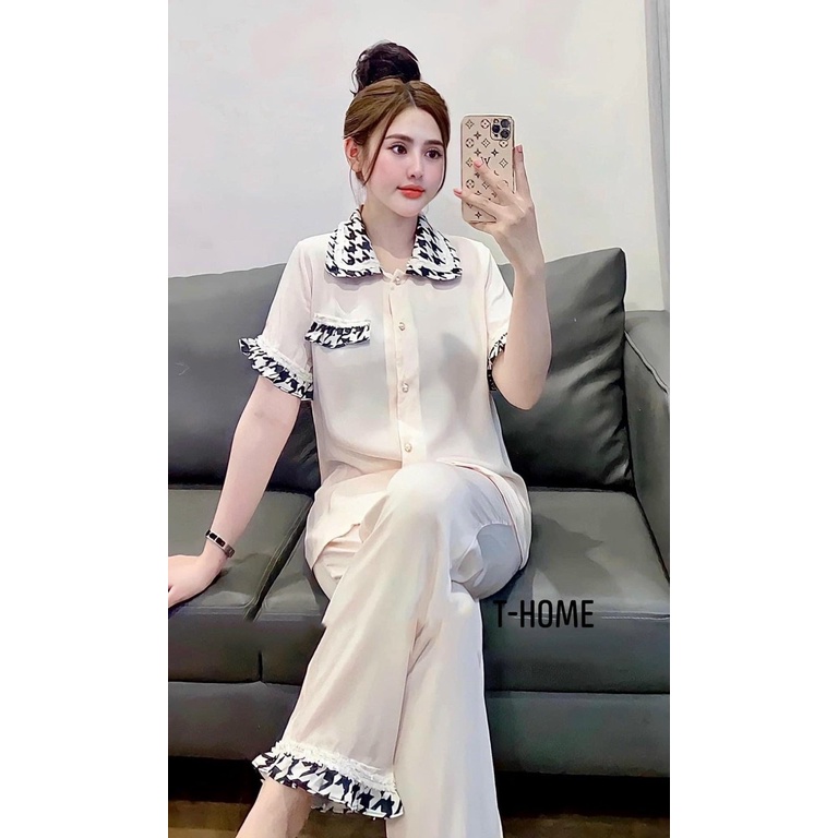 Bộ ngủ lụa nữ,pyjama mặc nhà áo cộc quần dài cổ ren tiểu thư chất lụa latin satin freesize 45-60kg, phù hợp mẹ sau sinh | BigBuy360 - bigbuy360.vn
